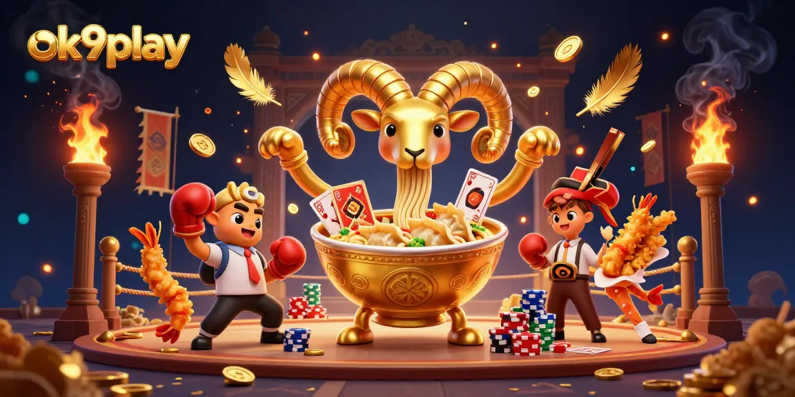 Experience high-energy gameplay at ok9play with a giant ramen bowl character, cards, and casino fun.