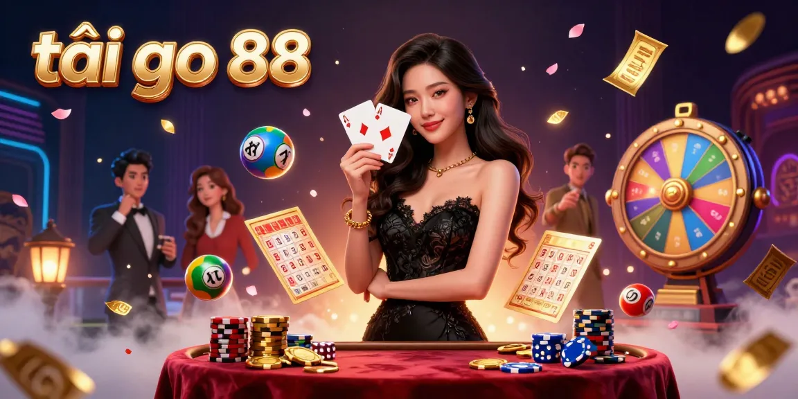 Tải go 88 and experience excitement with a glamorous Asian woman holding cards amidst a vibrant lottery scene.