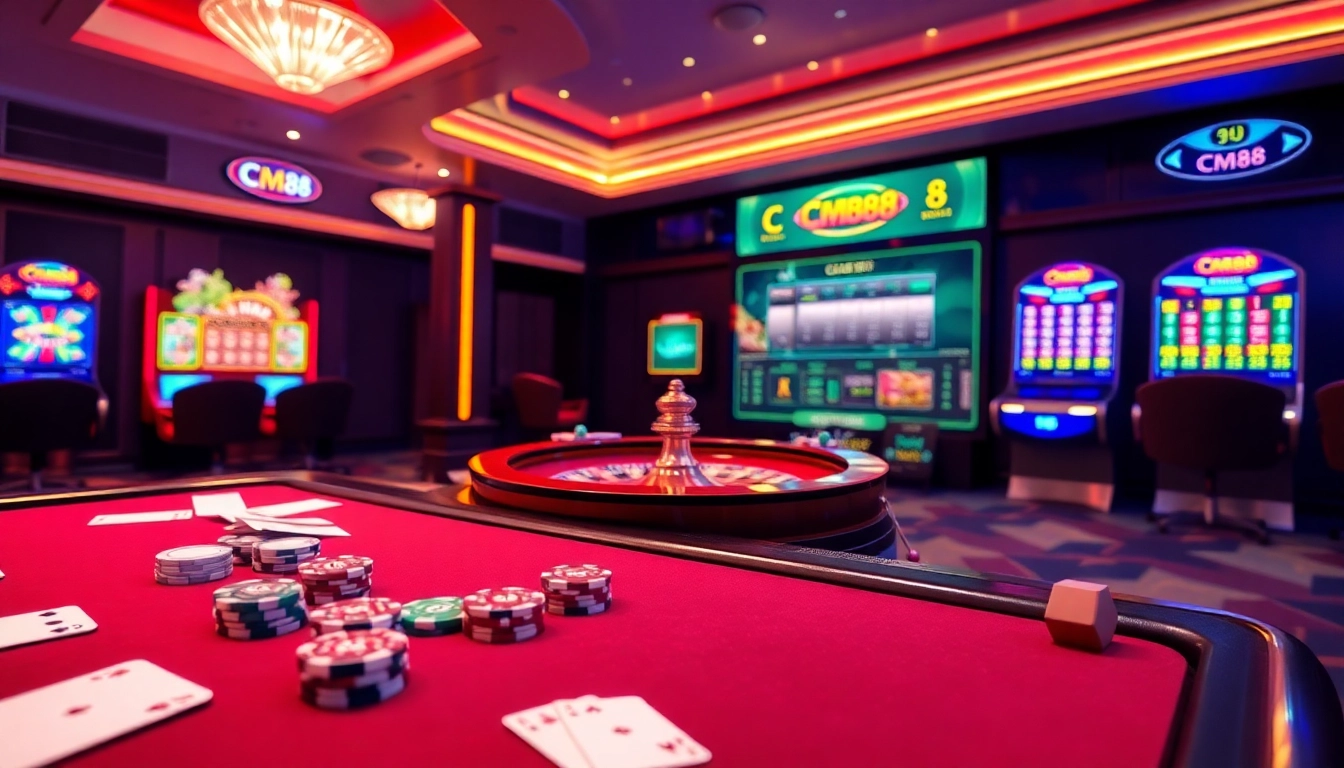 Engaging scene showcasing online gambling with poker chips, a roulette wheel, and the 'đăng ký CM88' registration interface.