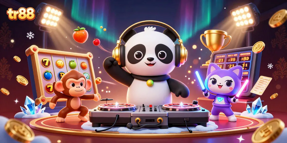 Tr88 casino gaming excitement with vibrant characters and energetic scene filled with slots and trophies.