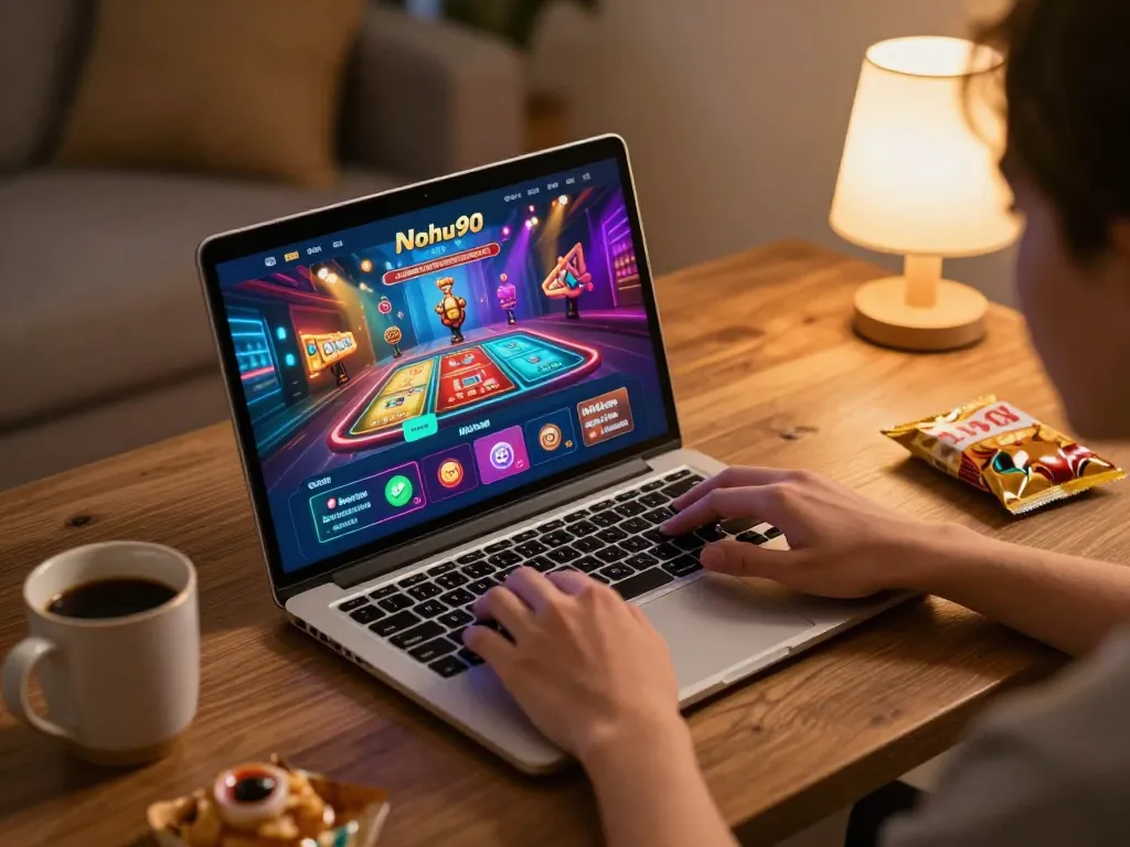 Nohu90 player enjoying online gaming in a cozy home setting, illustrating responsible gambling.
