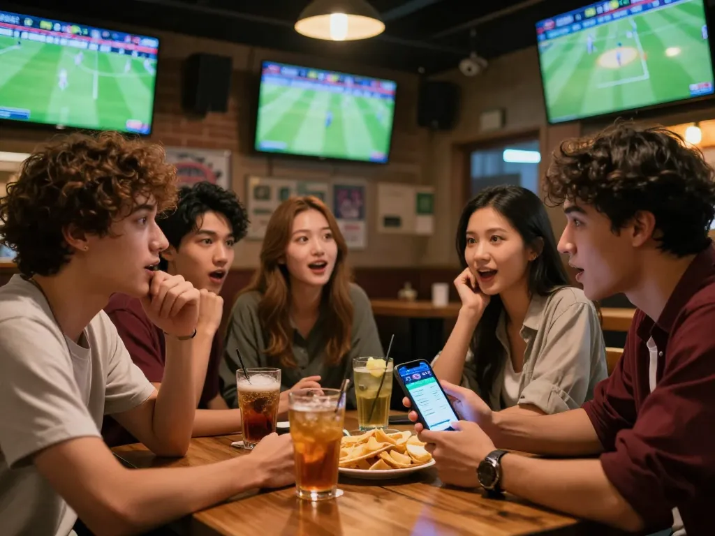 Kèo nhà cái 5 betting excitement in a sports bar atmosphere with friends concentrating on live games