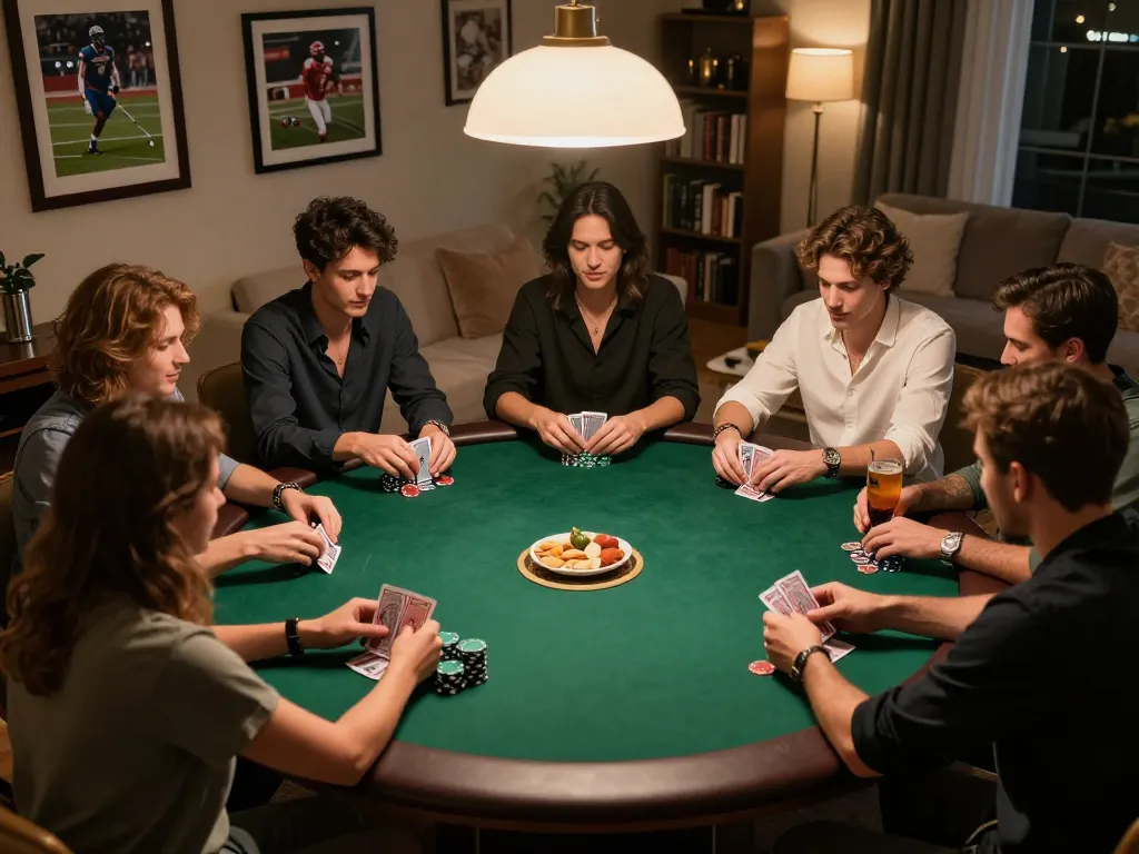 Players engaged in a competitive poker game at home, showcasing s666no1's thrilling atmosphere.