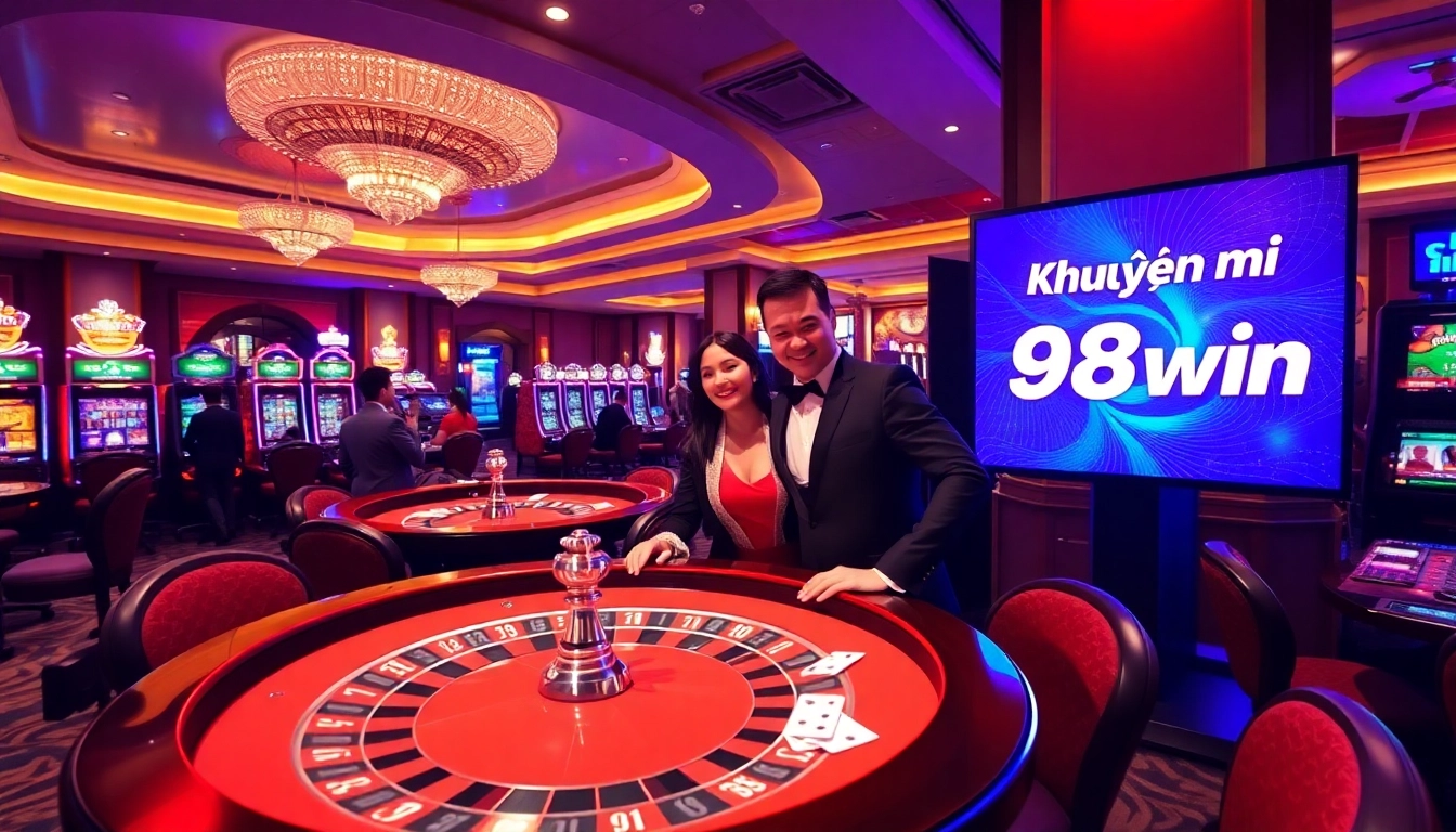 Excited players celebrating Khuyến mãi 98win at a vibrant casino table filled with poker chips and cards.