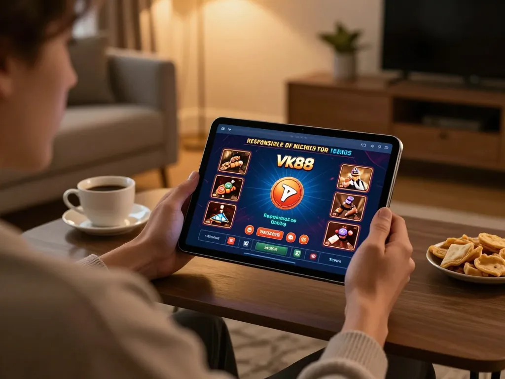 Playing a game at Vk88 online casino through a tablet at home with engaging gameplay.