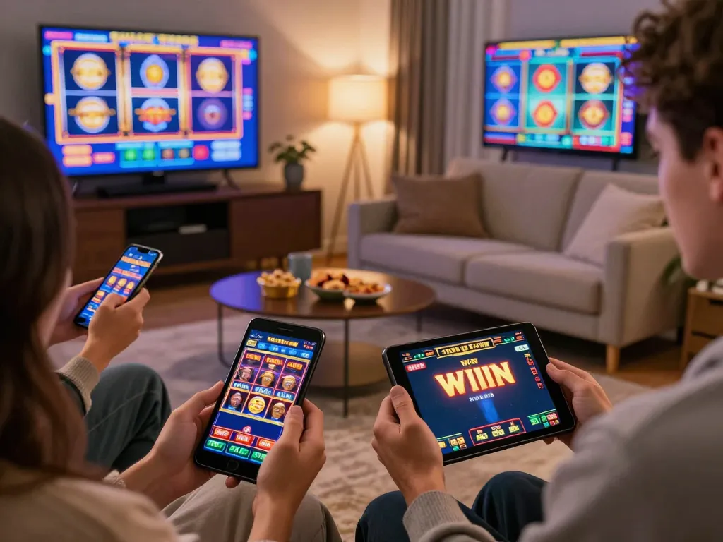 Noisy online casino atmosphere with engaging gameplay on da88 slot games showing players excitedly winning.