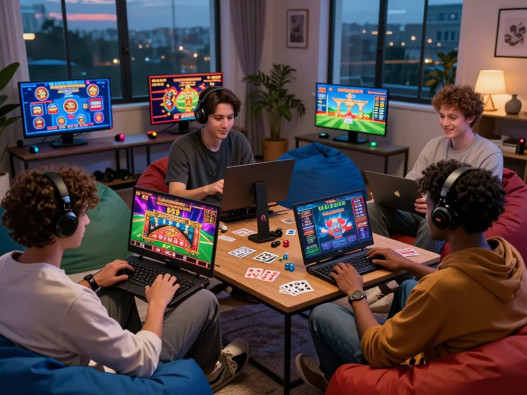 Engaging scene at nhà cái 33win with diverse gamers enjoying online betting, showcasing excitement and vibrant graphics.