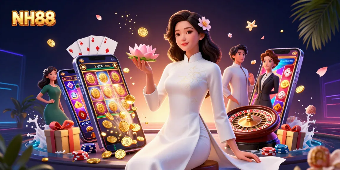 Experience NH88 with vibrant visuals of a casino scene showcasing dynamic slot games and enchanting elements.