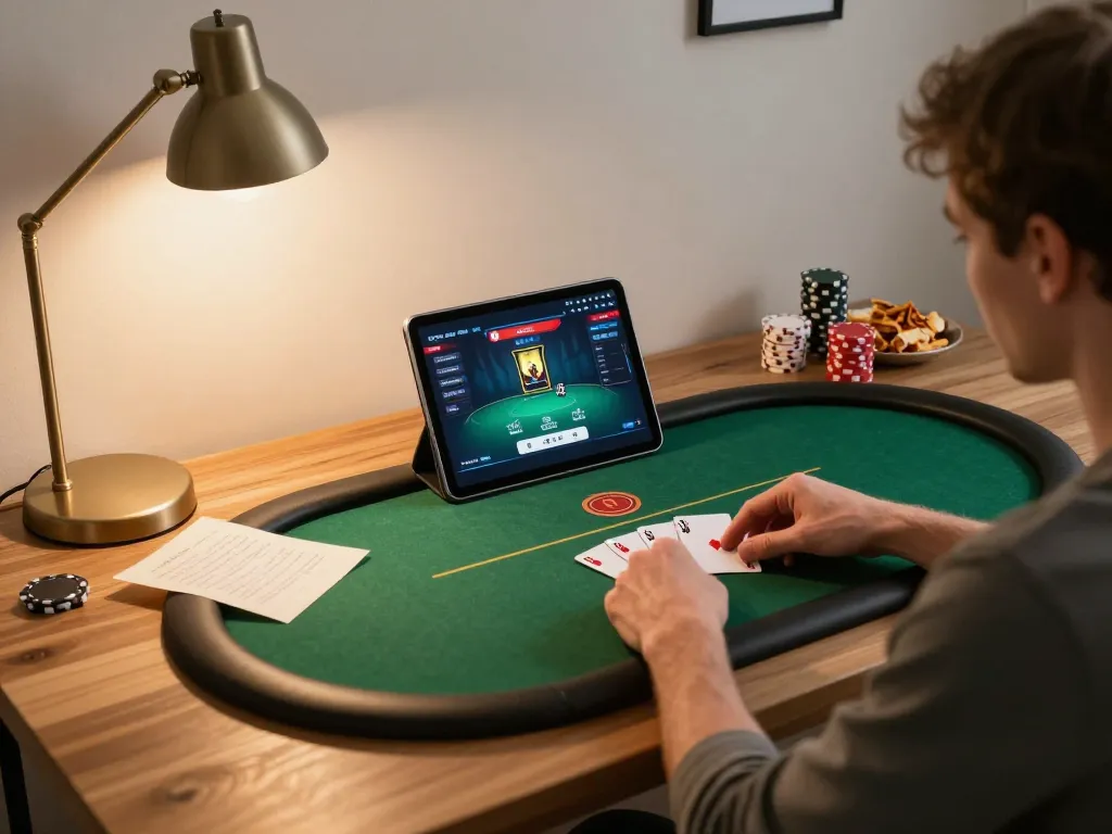 Alo8 online gamer enjoying poker on a tablet in a cozy home setting.