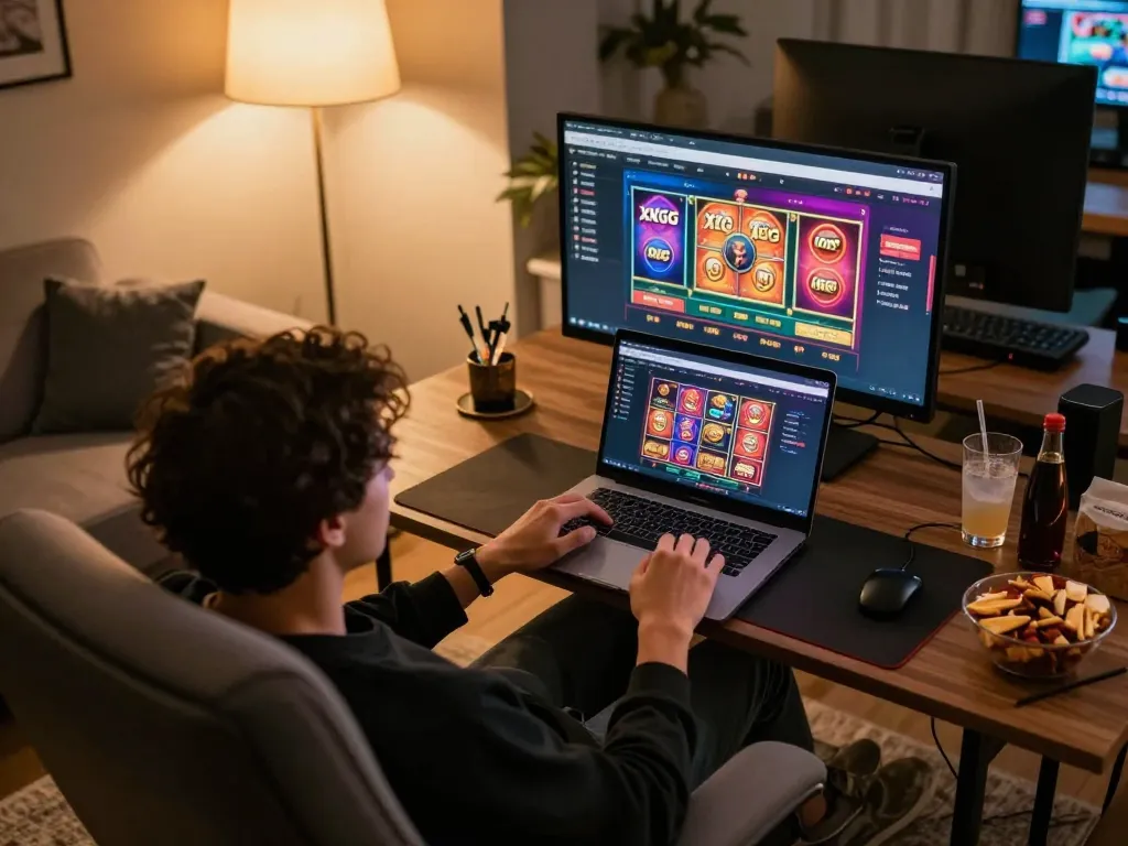 Player immersed in online gambling on XXGG platform in cozy home setting
