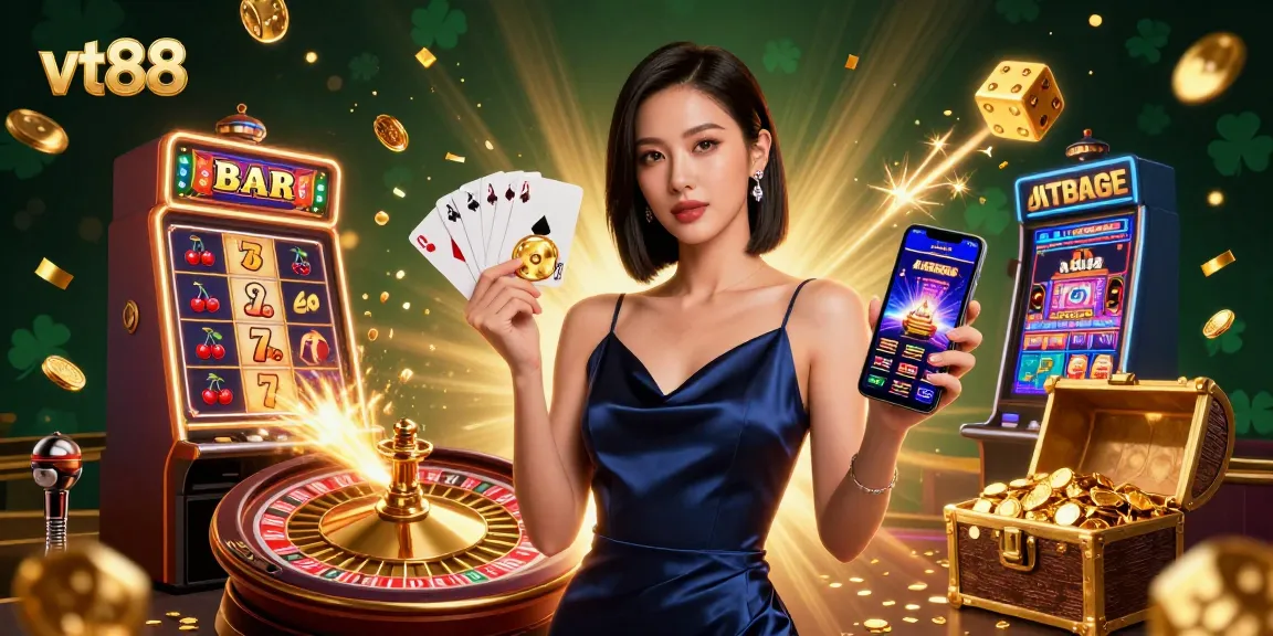 Win big with vt88 in this dynamic casino scene featuring exciting slot machines and games.