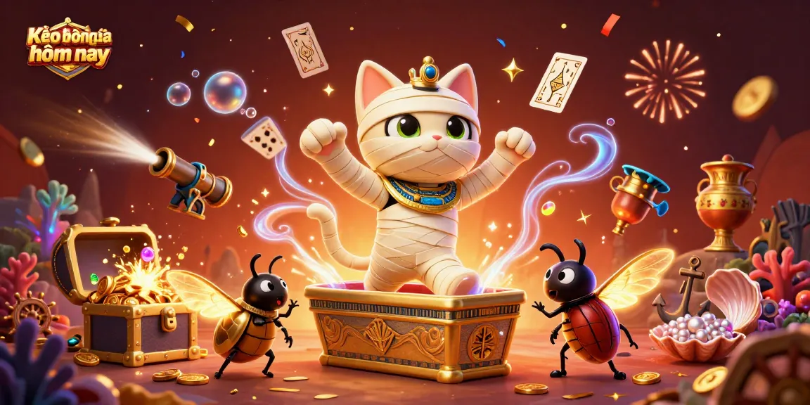 Kèo bóng đá hôm nay features an Egyptian mummy cat and a scarab beetle amidst floating playing cards in a casino setting.