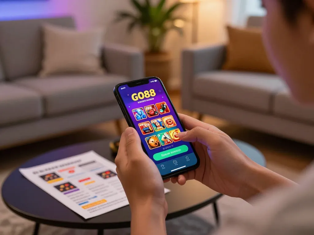 Downloading the GO88 app on a smartphone in a comfortable living room while engaging in casino gaming