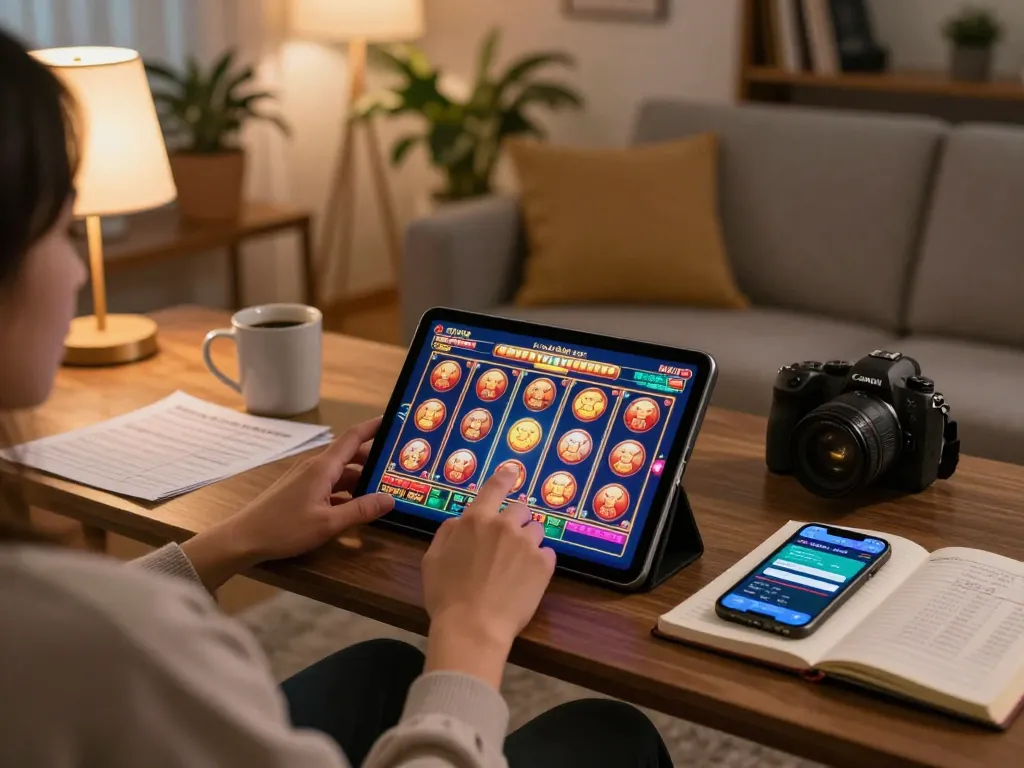 Player enjoying engaging 789p casino app on tablet at home, with cozy atmosphere and strategic notes.