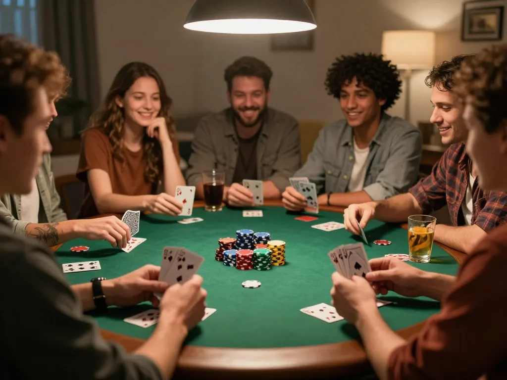 Friends enjoying a thrilling poker night with kèo nhà cái hôm nay cards and chips in action.