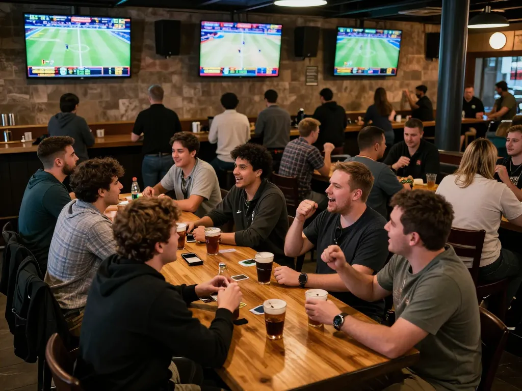 Bsport fans actively betting in a lively sports bar, celebrating wins amid vibrant excitement