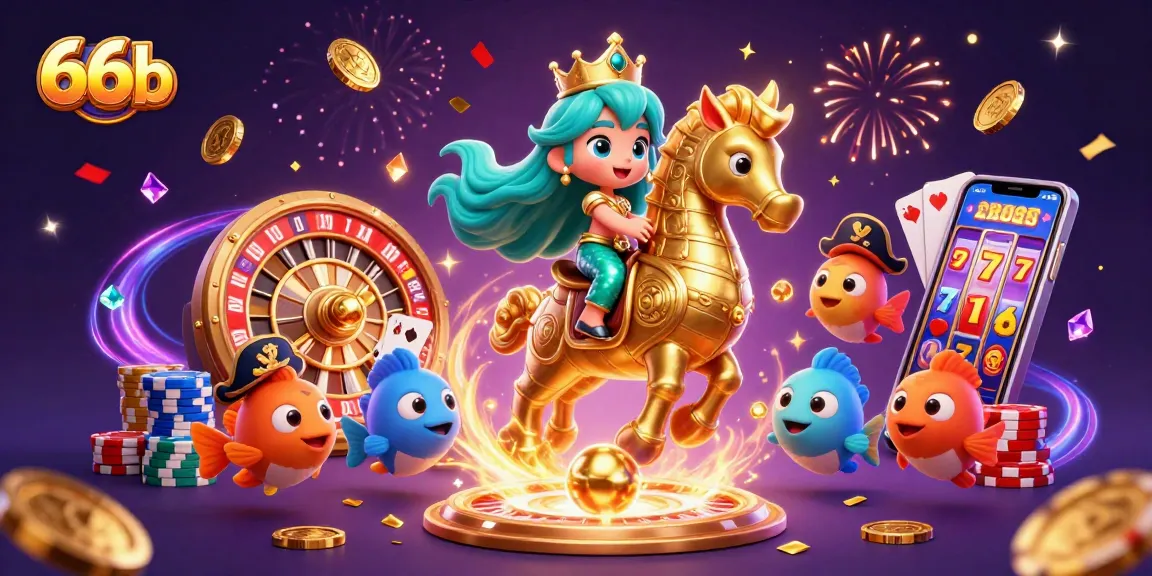 Experience excitement at 66b with vibrant casino-themed characters and elements in a dazzling 3D scene.