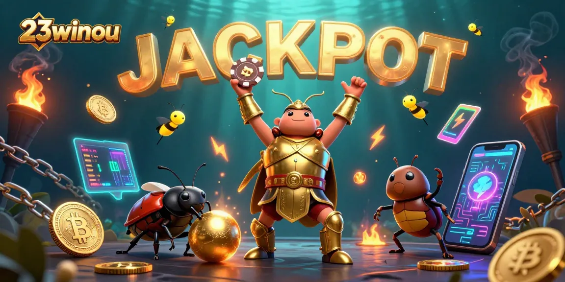 Celebrate winnings with 23winou's exhilarating jackpot scene featuring cartoon beetles and crypto elements.