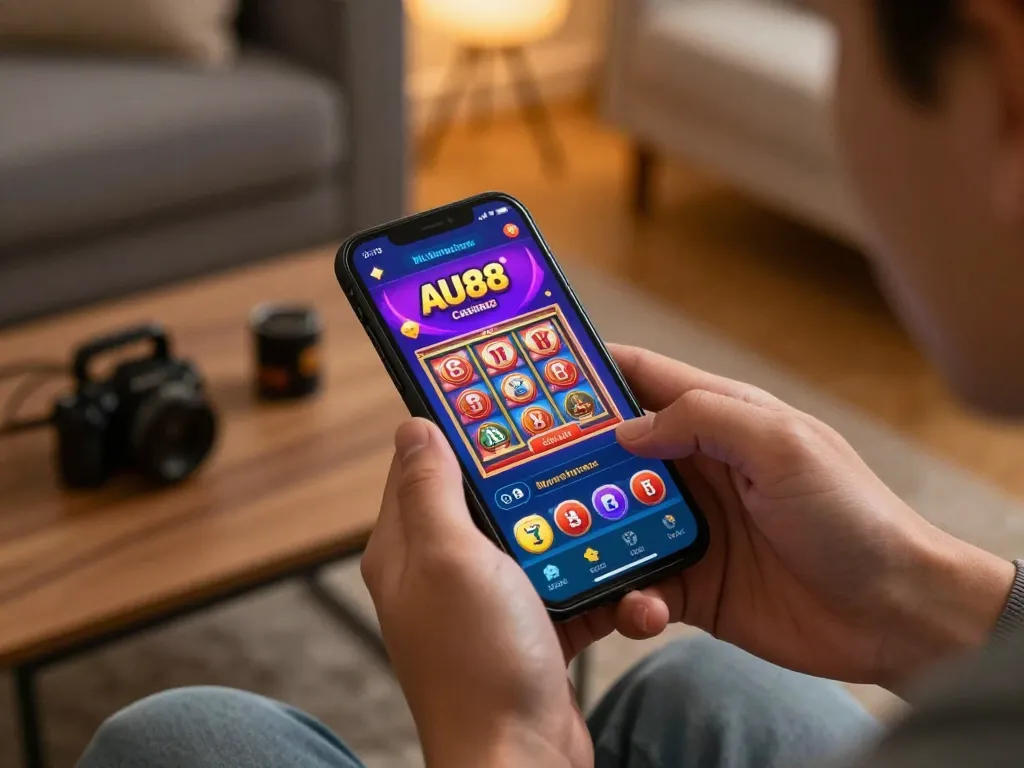 Engaging gameplay in the AU88 app, showcasing link tải au88 on a smartphone in a cozy home setting.