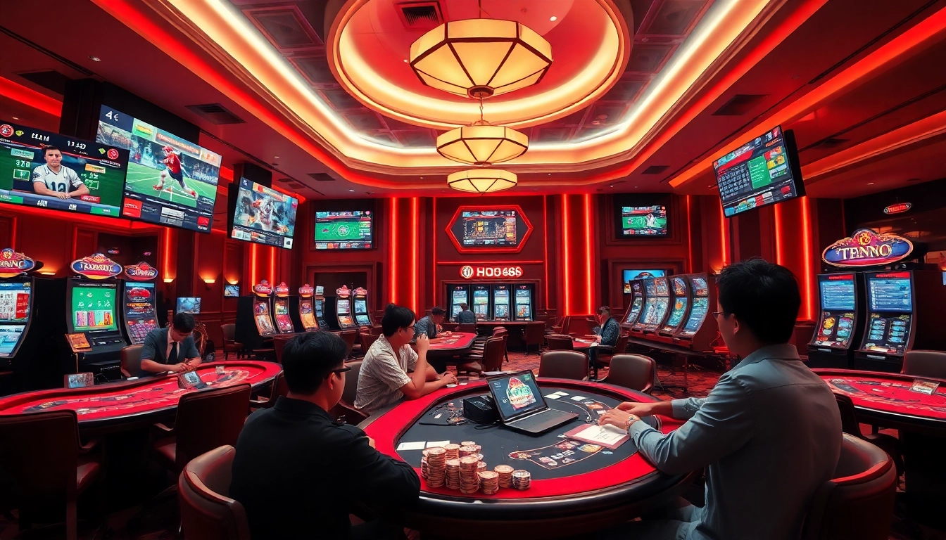 Dynamic casino scene representing Ho88 with engaging gaming tables and sports betting activities.