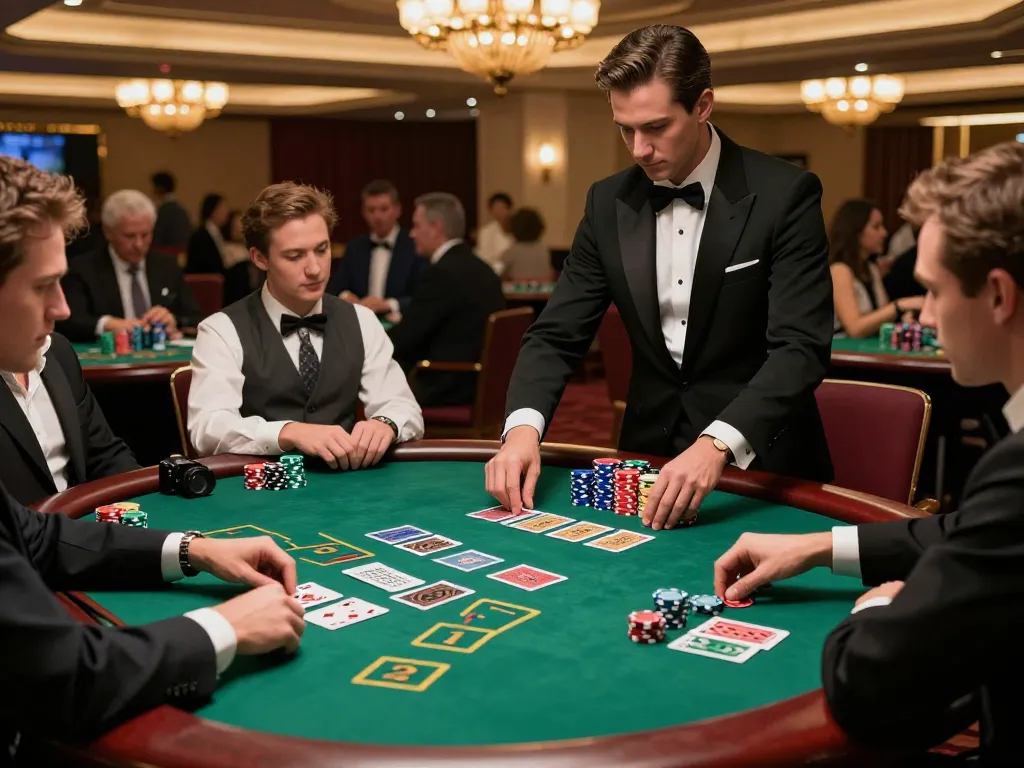 Experience live blackjack at an elegant casino table featuring strategic gameplay and focused players.