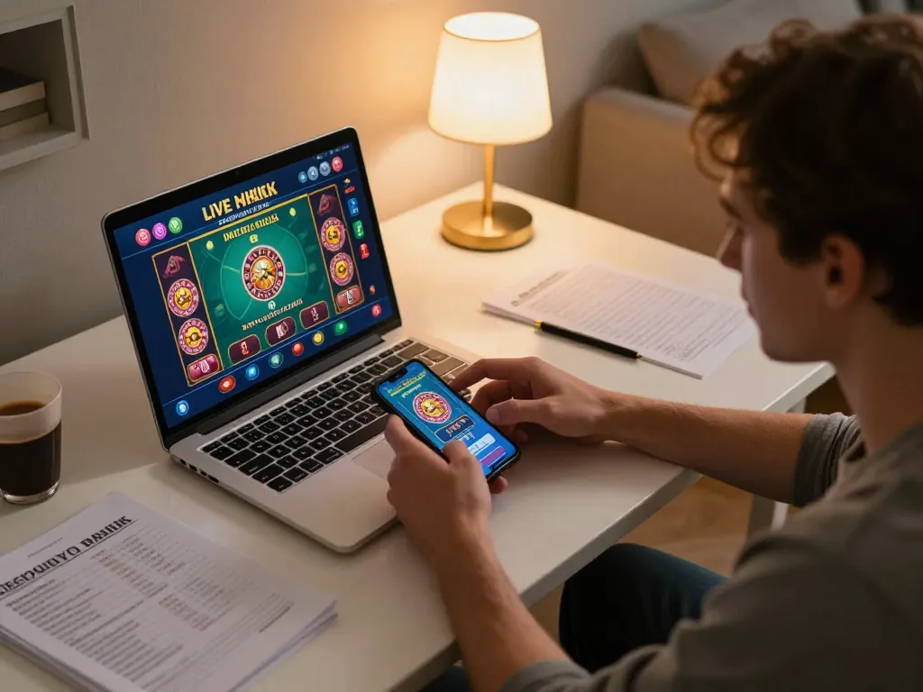 Engage with live casino games on 888bgo using a laptop and smartphone in a cozy home.
