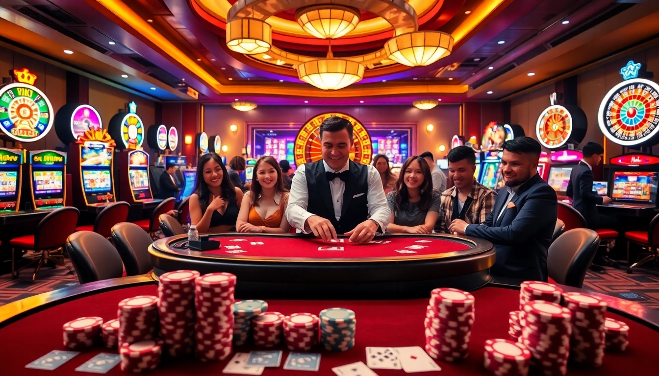 Players enjoy an energetic casino atmosphere while playing at https://xx88.day/, surrounded by vibrant slot machines and poker chips.