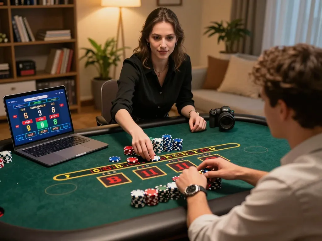 Engaging online gaming scene showcasing a player enjoying live baccarat on fly88 platform with chips and vibrant setup.