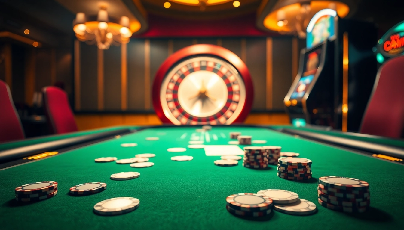 Winning at nk88 poker, surrounded by vibrant chips and a spinning roulette wheel.