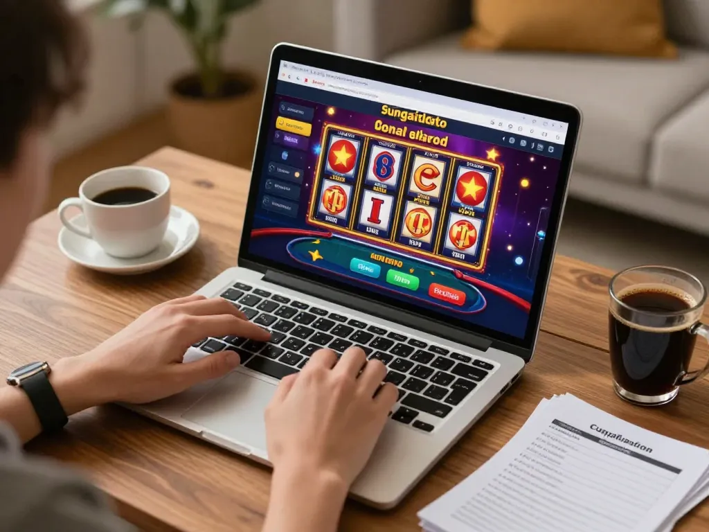 sungaitoto online gaming session with player focused on casino laptop interface, cozy home setting
