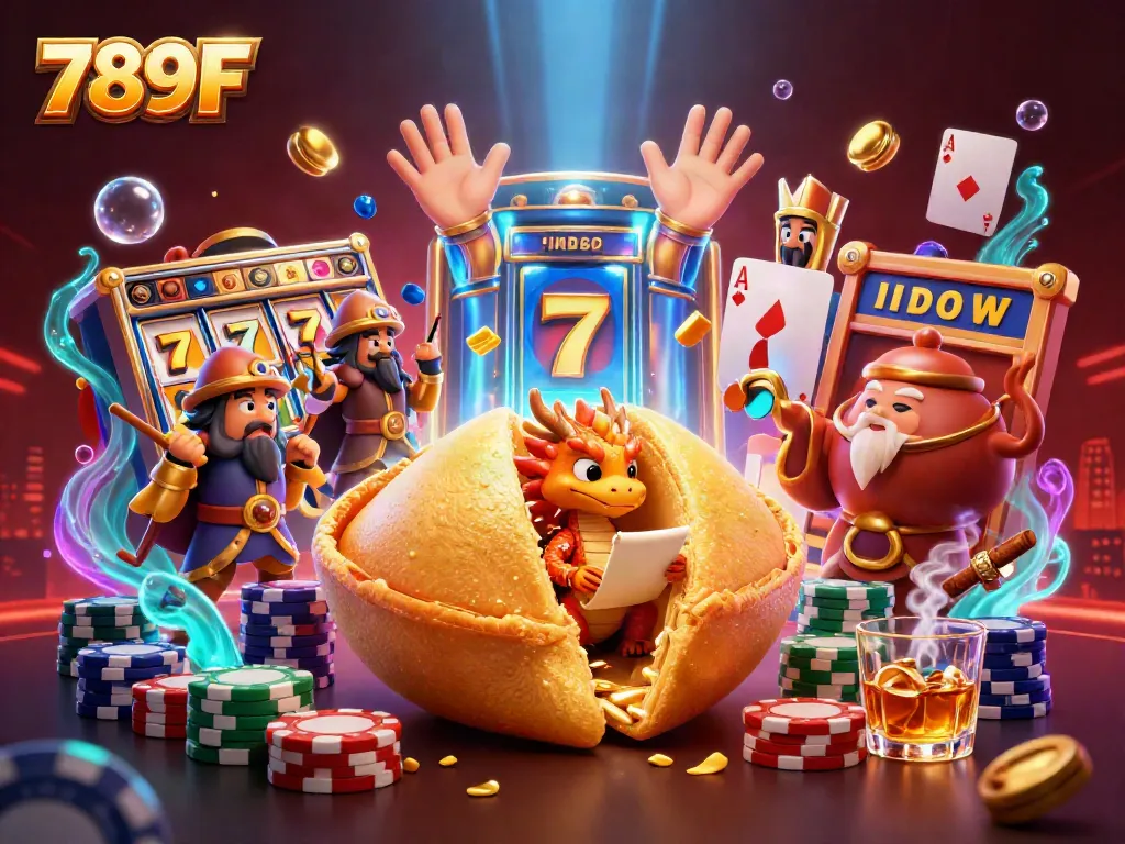 Experience 789F with a vibrant casino scene featuring a golden fortune cookie and slot machine elements.
