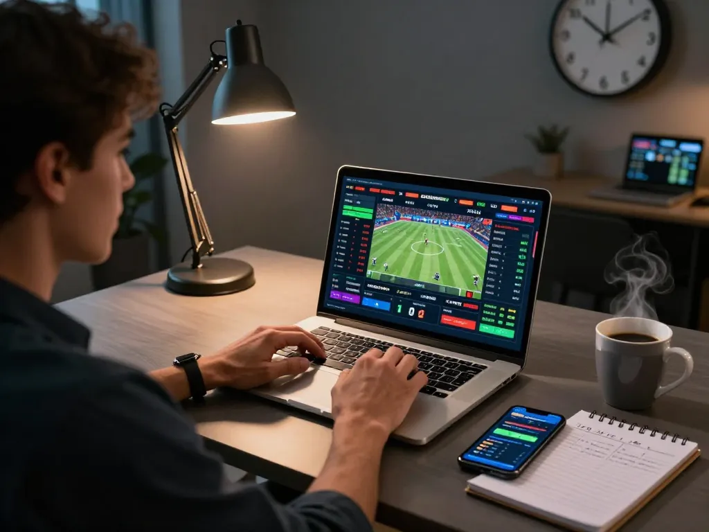 Engaging scene of sports betting on a laptop with live odds displayed, capturing the excitement of TX88 betting strategies.