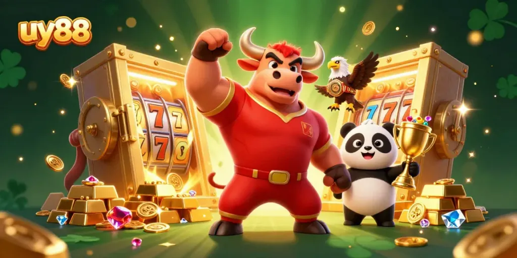 Experience epic wins with uy88's cartoon casino scene featuring luck and excitement.