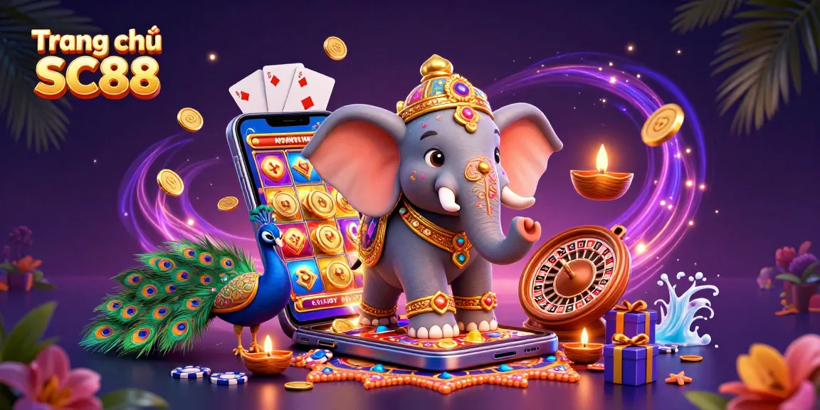 Spin the reels at Trang chủ SC88 with a vibrant casino scene featuring dynamic games and colorful designs.