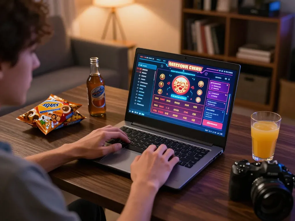Engaging online casino gaming scene illustrating tg88 lừa đảo concerns, with player focused on laptop and cozy home atmosphere.
