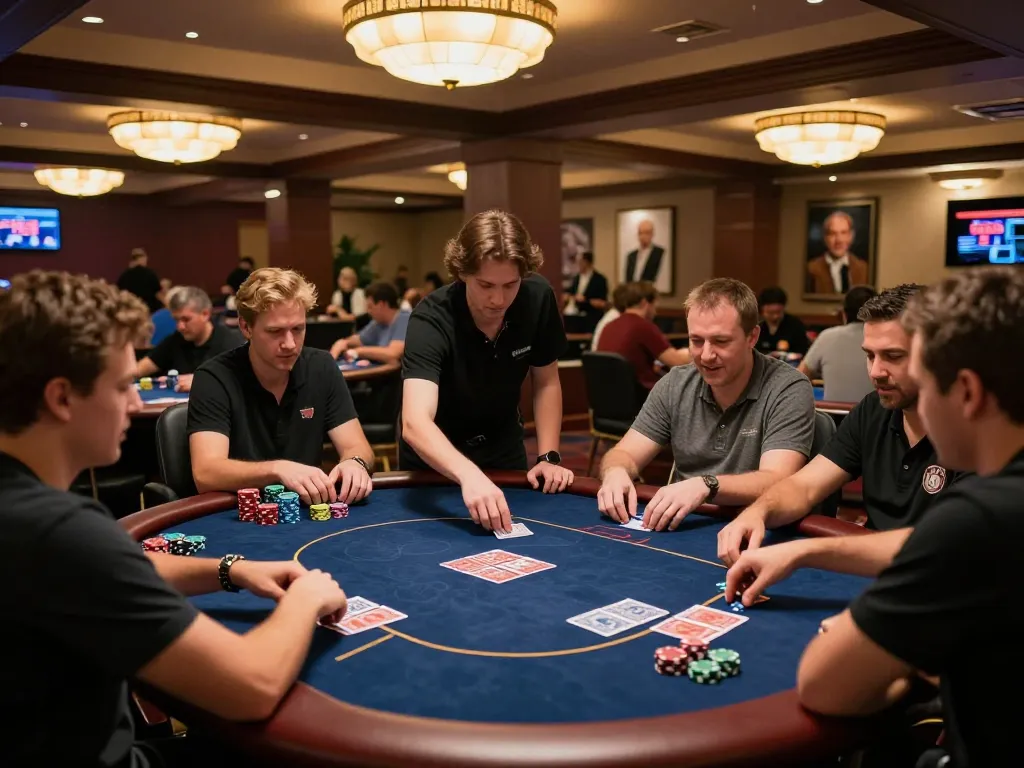 Players at HITCLUB poker tables strategizing their moves in an upscale casino atmosphere.