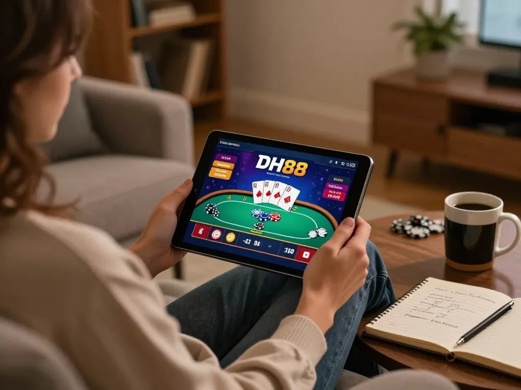 Play poker and tải dh88 on a tablet in a cozy home gaming atmosphere.