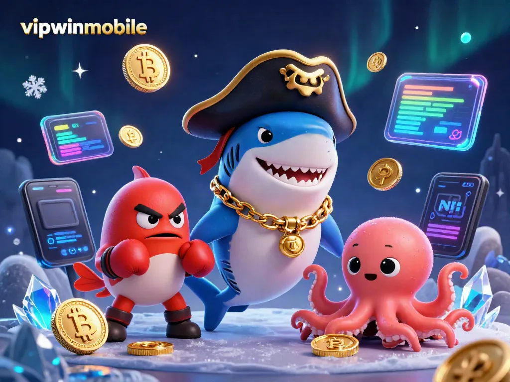 Experience excitement with vipwinmobile's 3D characters celebrating gaming wins amidst vibrant casino elements.