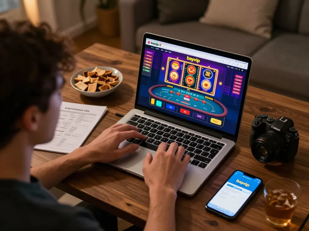 Player engaging with bayvip online casino platform on laptop in a warm, cozy setting.