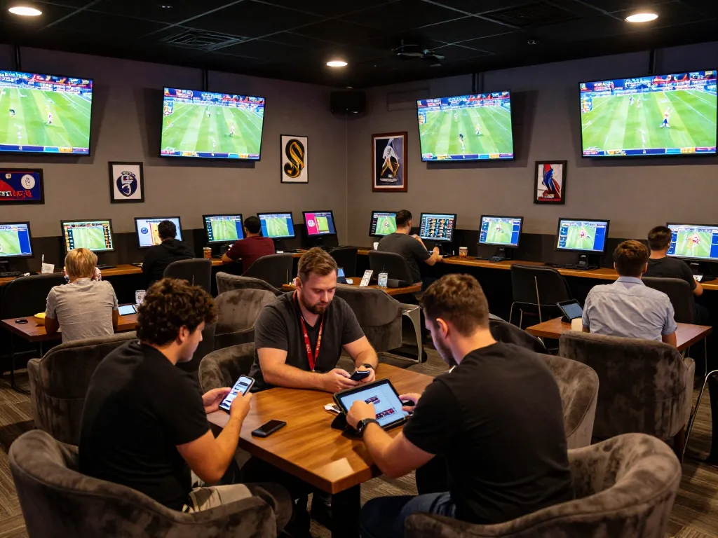 nhandinhkeonhacai patrons engaging in strategic sports betting with smartphones in a vibrant lounge