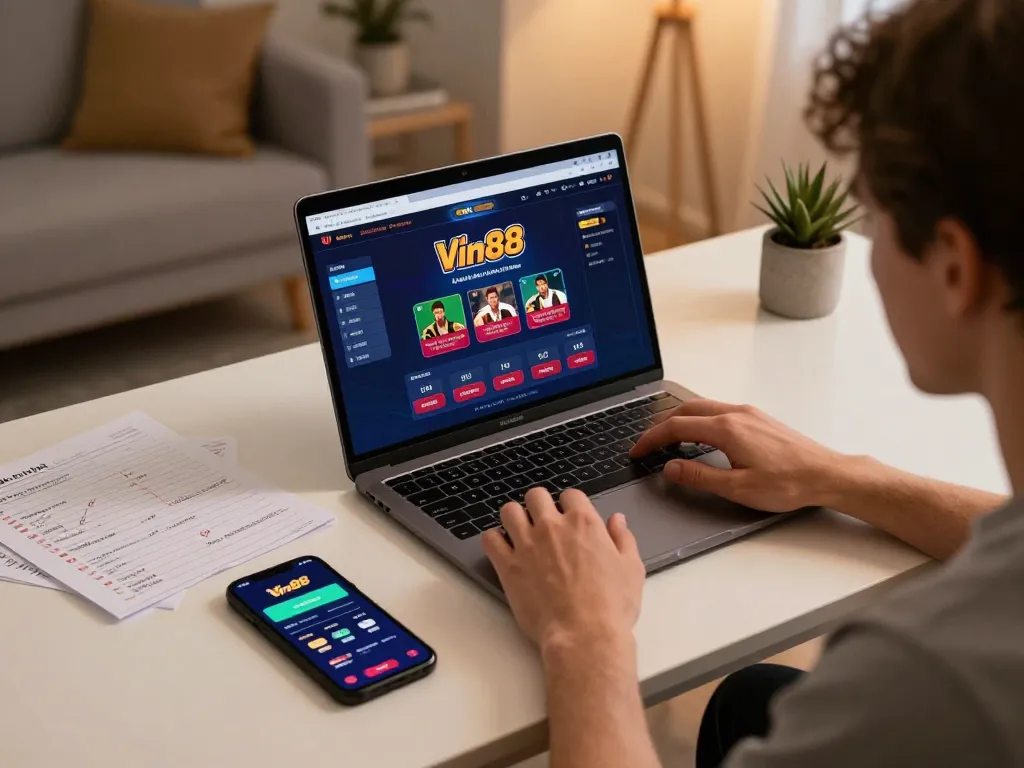 Engaging gameplay at Vin88 online showing a player strategizing with notes and a laptop.