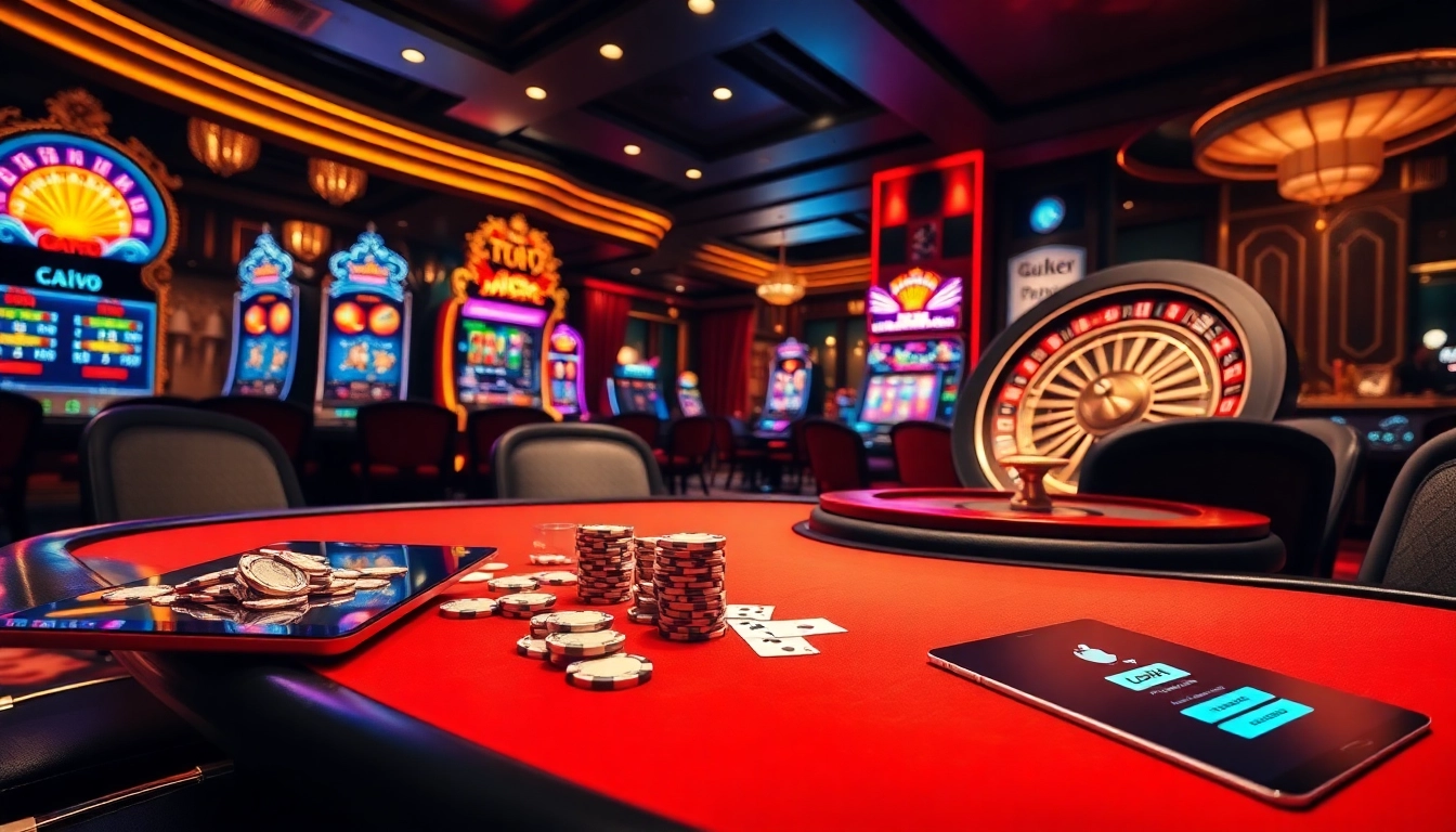 Engaging casino scene showcasing players in action with a login interface present for online gaming, highlighting excitement and strategy.