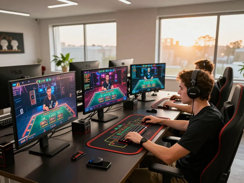 Kuwin1 user engaged in strategic online gaming with multiple screens and lighting for professional play