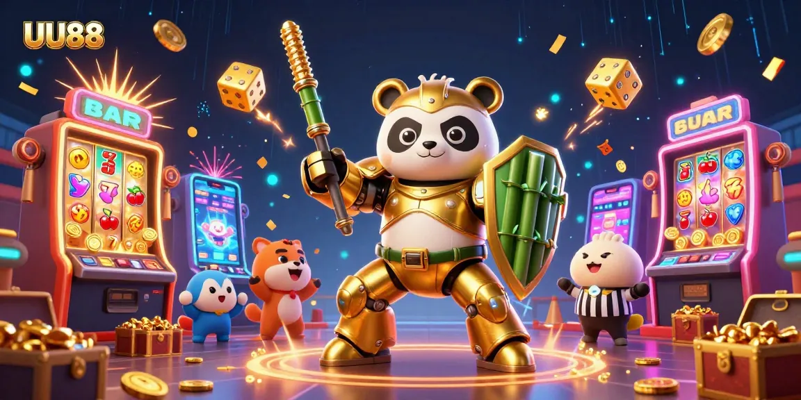 Experience the excitement of UU88 with a dazzling 3D casino scene featuring slots, golden pandas, and jackpot celebrations.