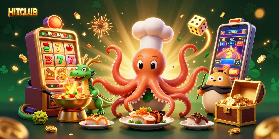 Engage with HITCLUB's vibrant casino experience, featuring a whimsical sushi chef octopus and dynamic gaming elements.