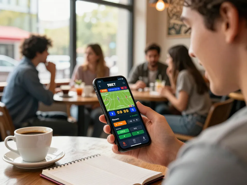 Person using the 9BET app for live sports betting in a café, showcasing excitement and strategy.