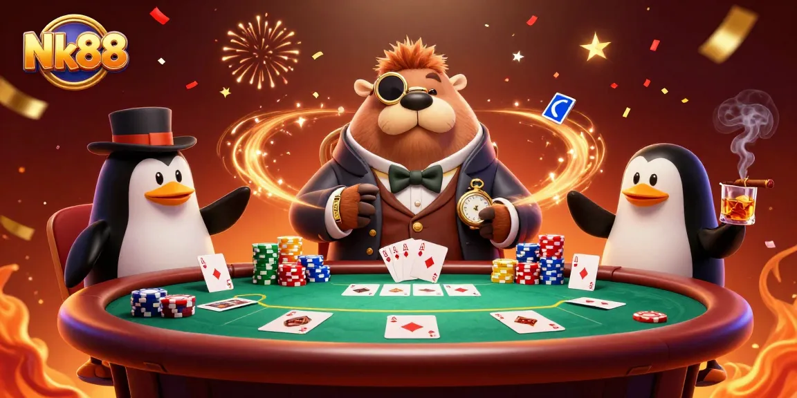 Experience thrilling poker action at Nk88 with a jolly walrus, sophisticated penguin dealer, and a bluffing pufferfish.