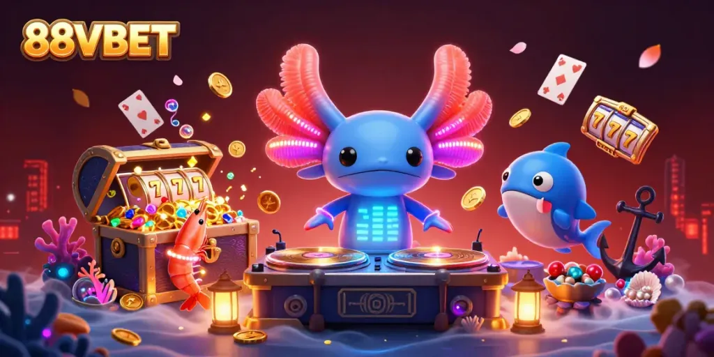 Experience thrilling action with 88VBET where neon characters spin casino reels and dance amid treasure.