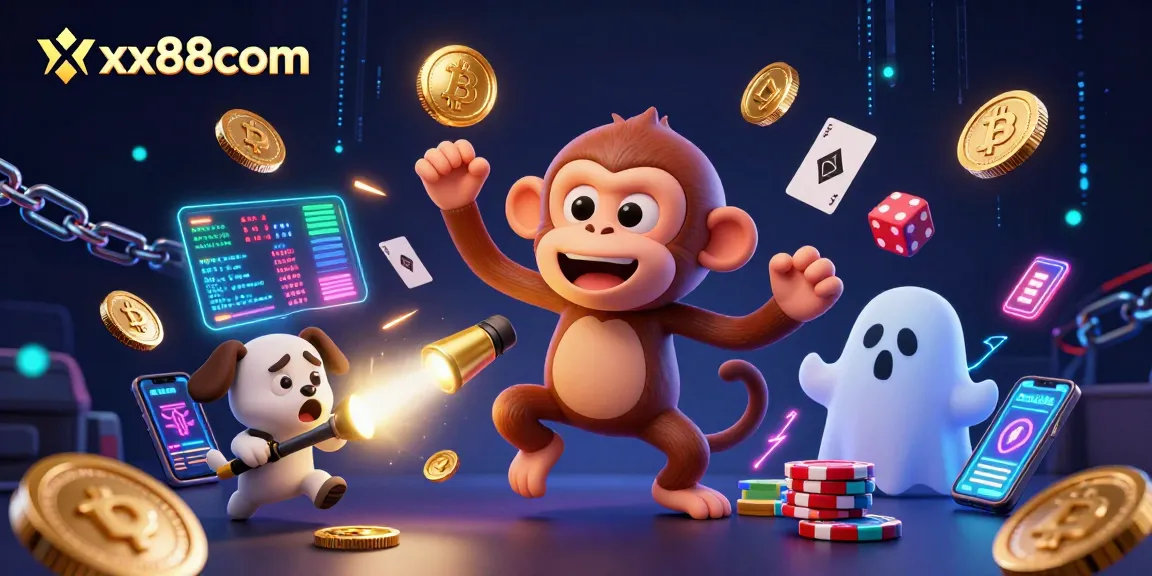Experience thrills with xx88com as a mischievous poltergeist juggles golden coins in a vibrant casino scene.