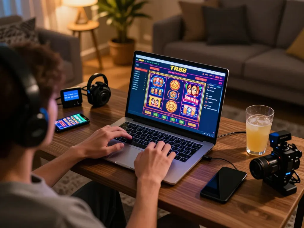 Player interacting with TR88 trang chủ on laptop at home, showcasing engaging online casino experience.